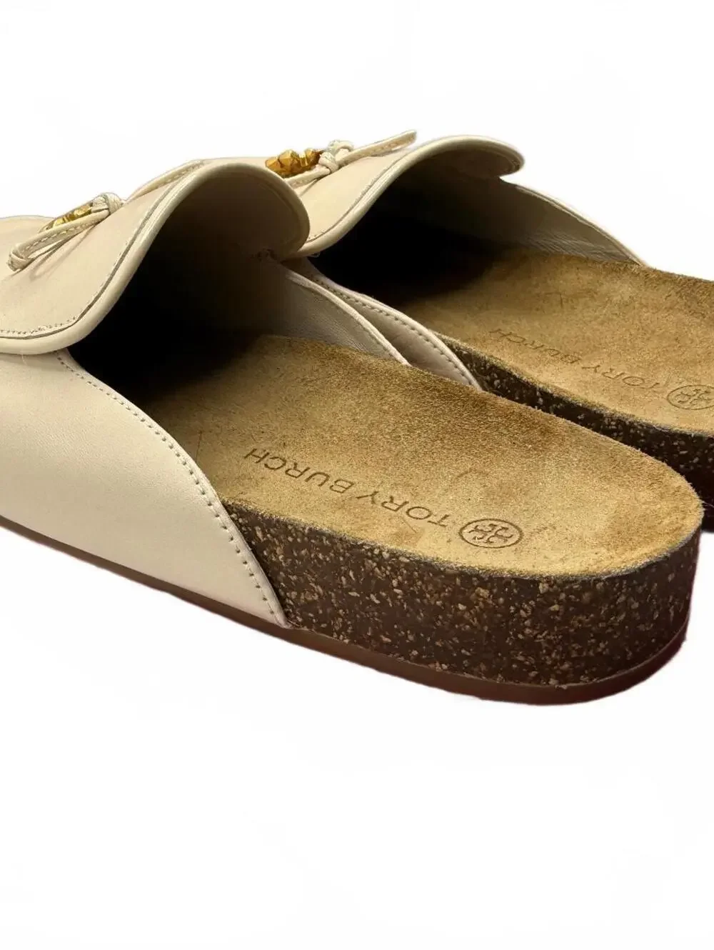 Tory Burch Ivory Leather Slip-On Mules with Gold Bow Accent